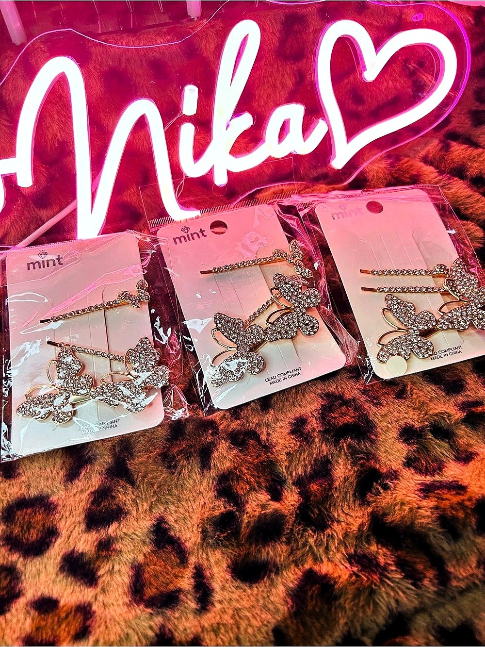 3pc Butterfly hair clips in Gold & Rhinestone